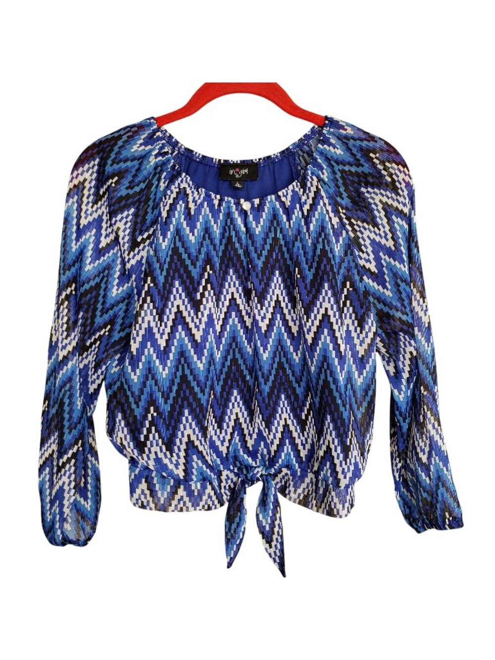 I.N. Girl Tie-Front Blouse L Blue Metallic 3/4 Slv Elastic Waist Stylish Preppy